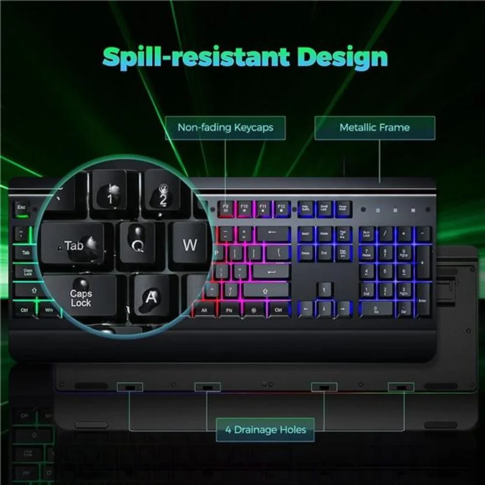Gaming Keyboard, 104 Keys All-Metal Panel, Rainbow LED Backlit Quiet Keyboard